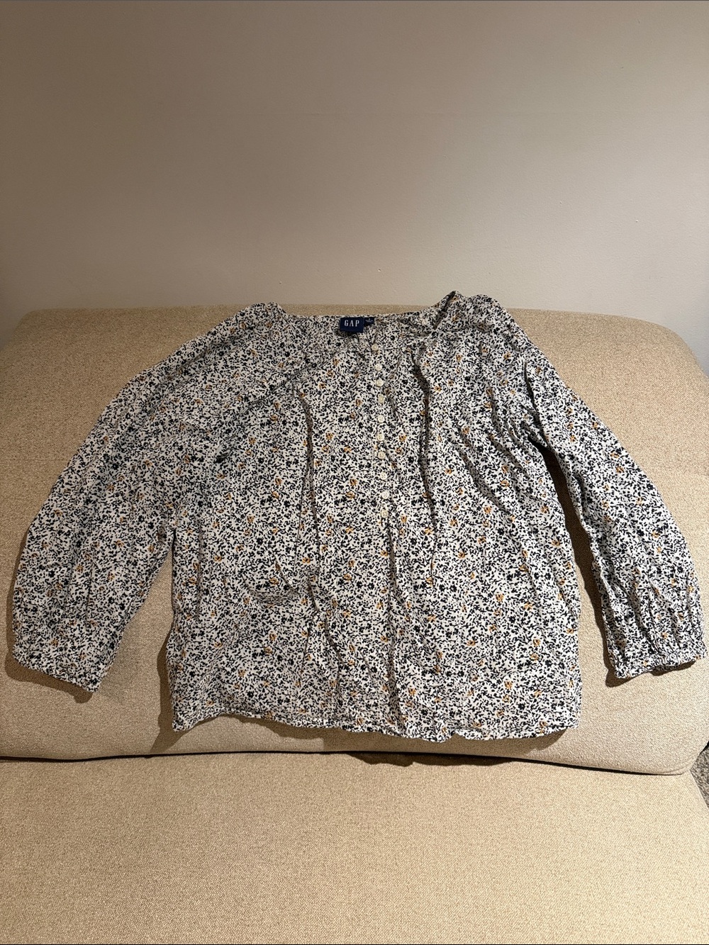 GAP Long Sleeve Button-Front Blouse with Black & Mustard Floral Print